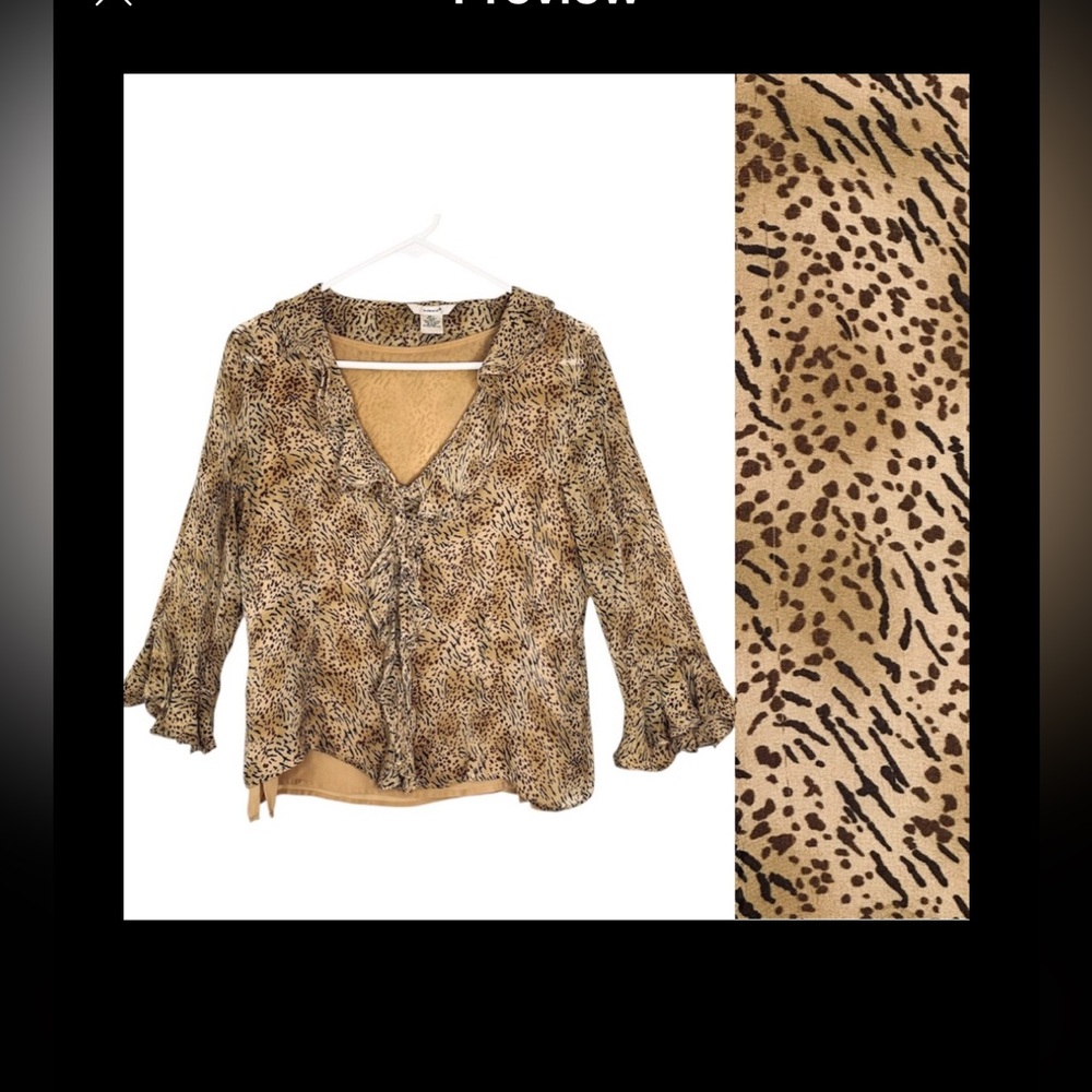 Edward Silk Animal Print Ruffle Layered
Button Up Blouse